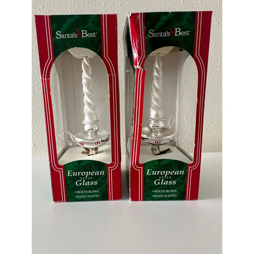 Christmas Ornament Candlestick European Hand Blown Glass Clip On Figural‎ Set 2